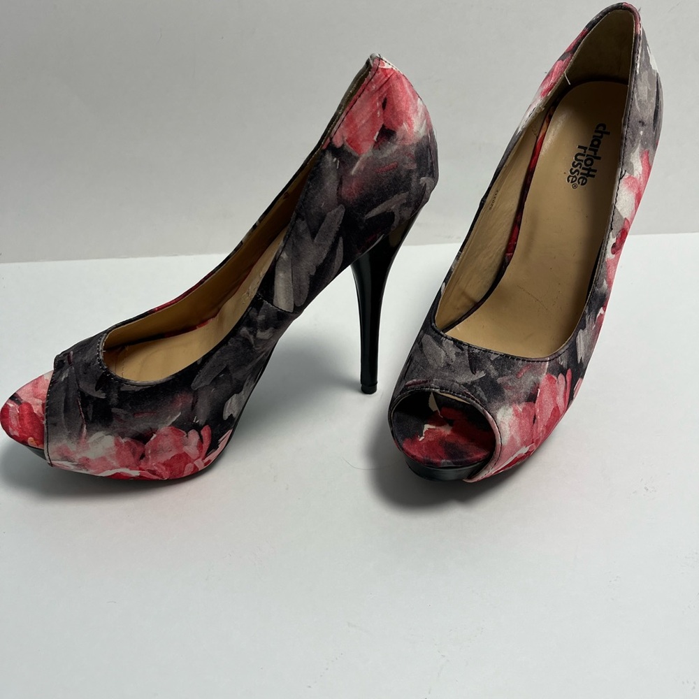 Charlotte Russe Women's Floral Peep Toe Heels - Pink and‎ Black